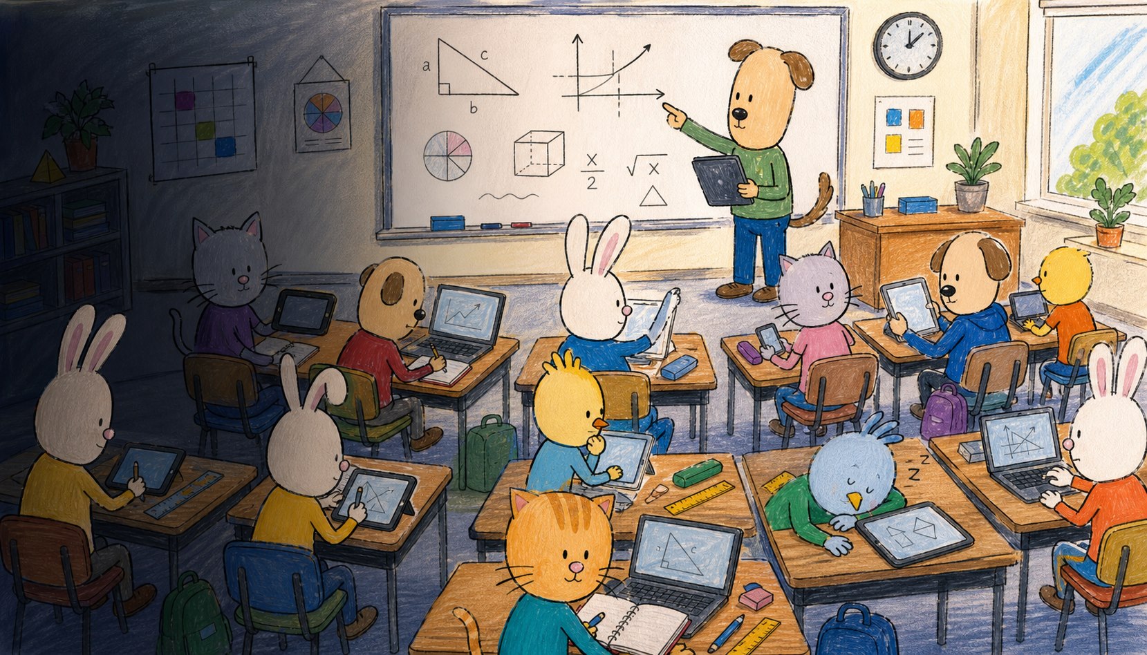 Blandade Beanhead-elever och en lärare använder digitala enheter under en matematiklektion.