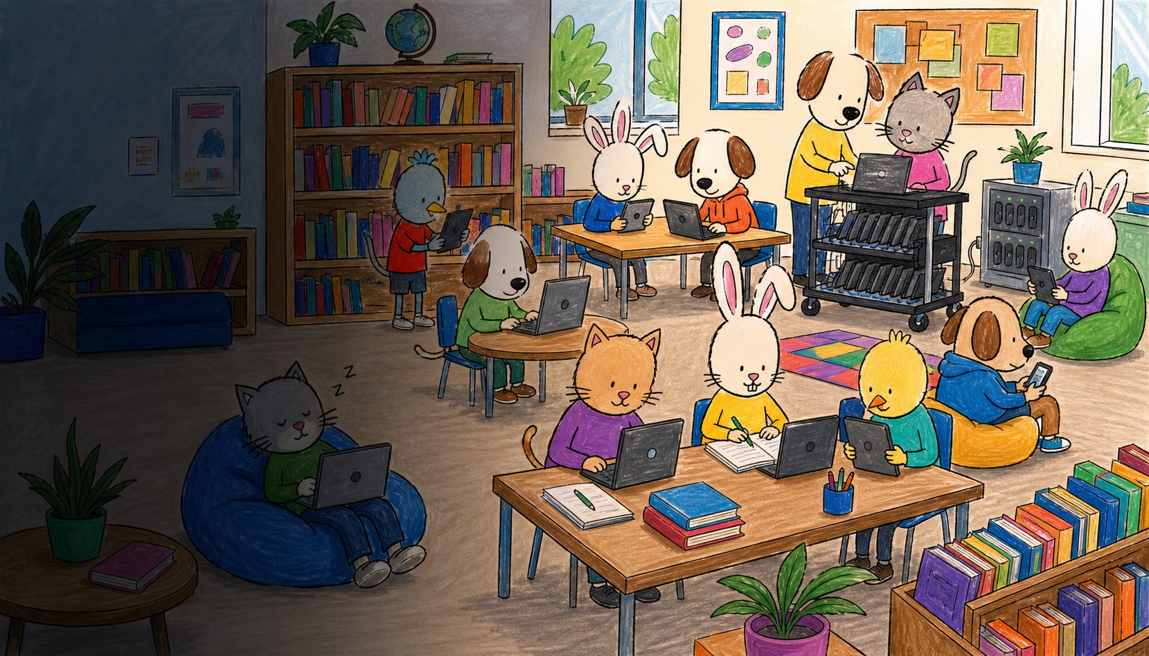 Blandade Beanhead-elever och en lärare använder digitala enheter i ett bibliotek och mediarum.