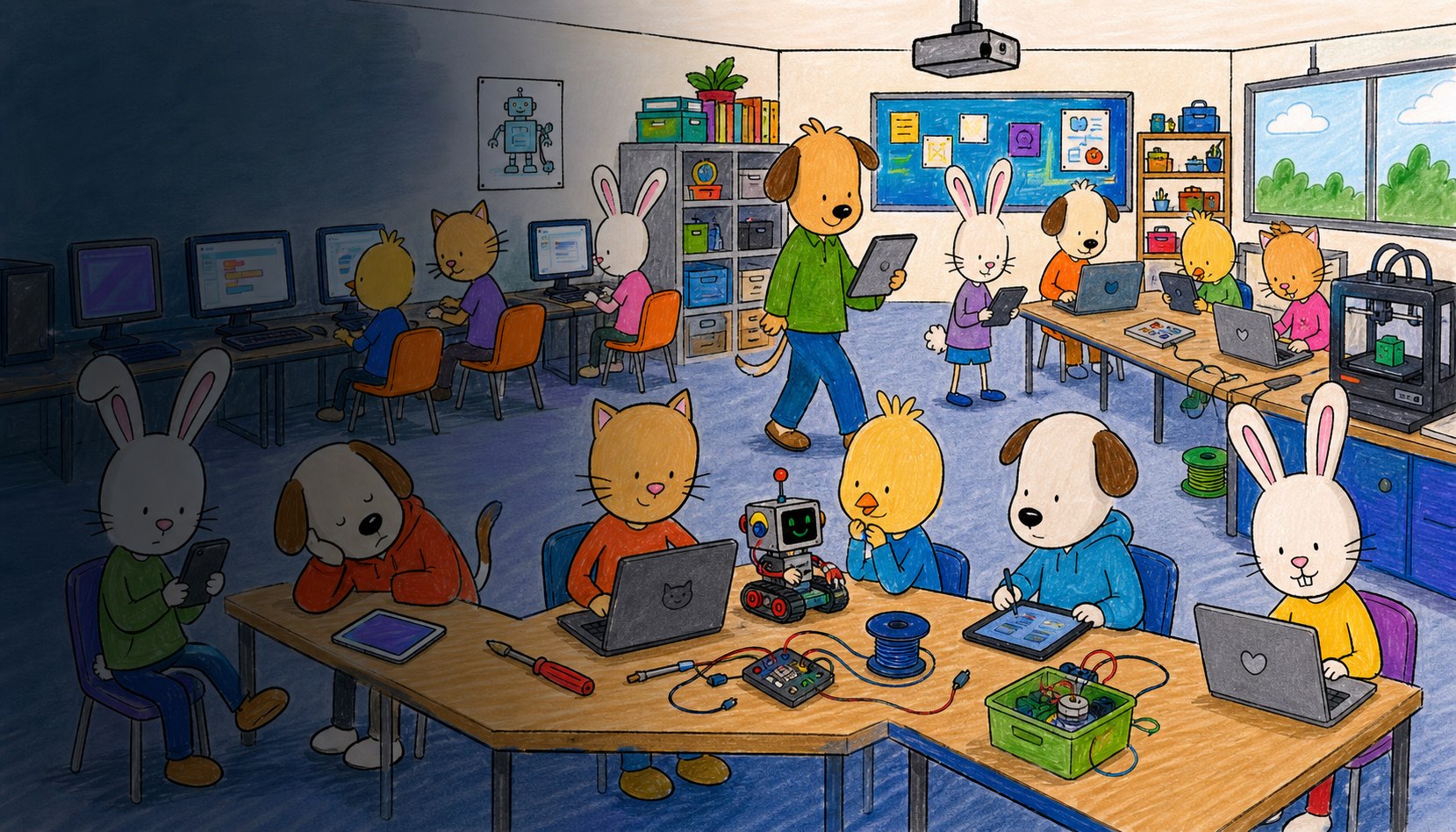Blandade Beanhead-elever och en lärare använder digitala enheter i en dator- och makerspace-sal.