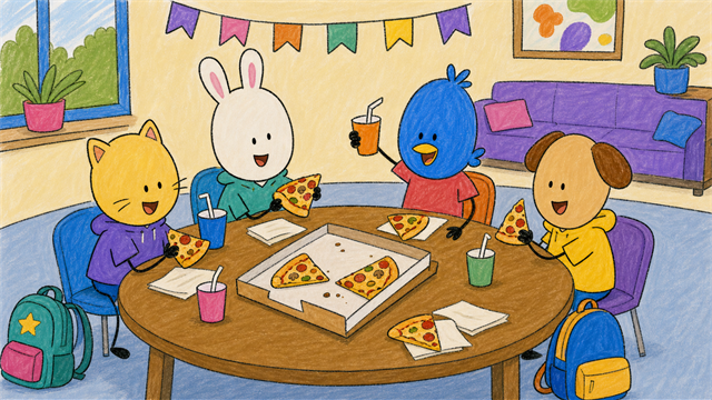 Lexorian-elever sitter kring en pizzalunch i ett glatt skolrum.